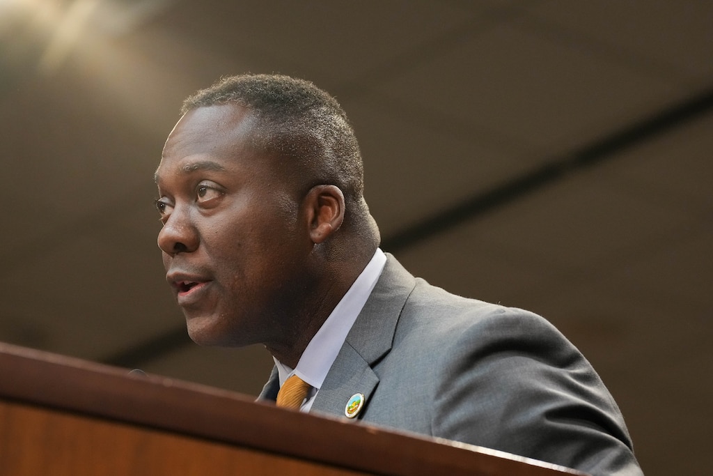 Howard County Executive Calvin Ball testifies during a Howard County Council public hearing at the George Howard Building in Ellicott City, Md., on Wednesday, February 4, 2026. The hearing was meant to record public testimony on an emergency legislation aiming to block private immigrant detention centers in the jurisdiction.