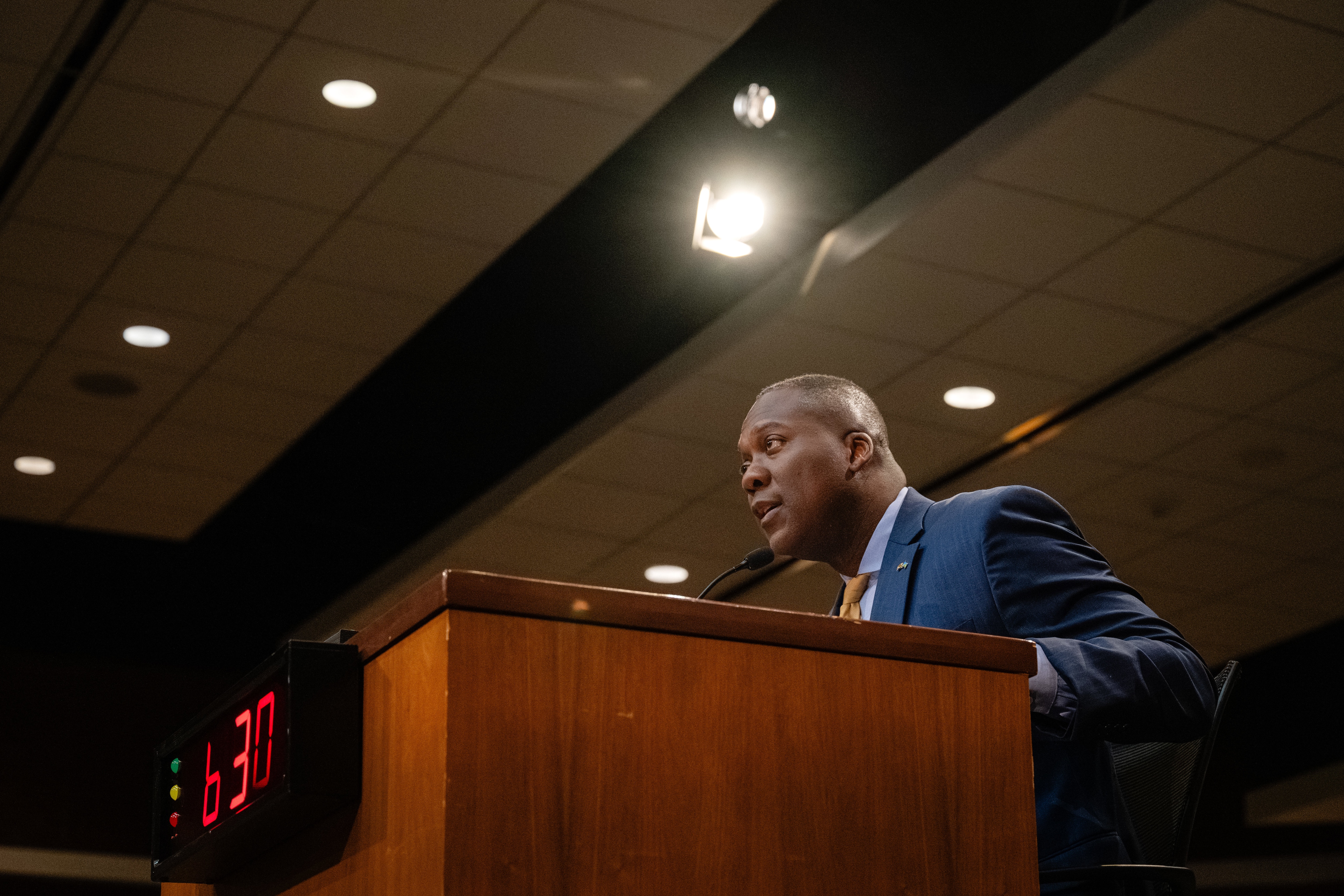 County Executive Calvin Ball delivers the budget presentation to the Howard County Council on Monday.