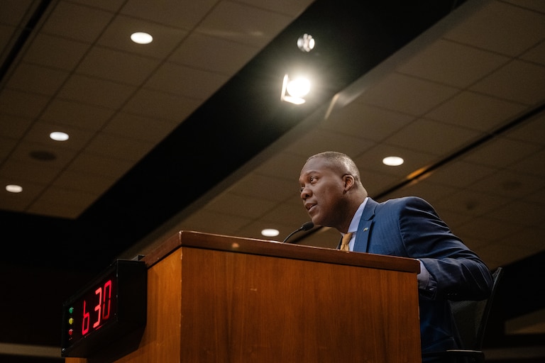 County Executive Calvin Ball delivers the budget presentation to the Howard County Council on Monday.