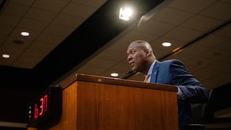 County Executive Calvin Ball delivers the budget presentation to the Howard County Council on Monday.