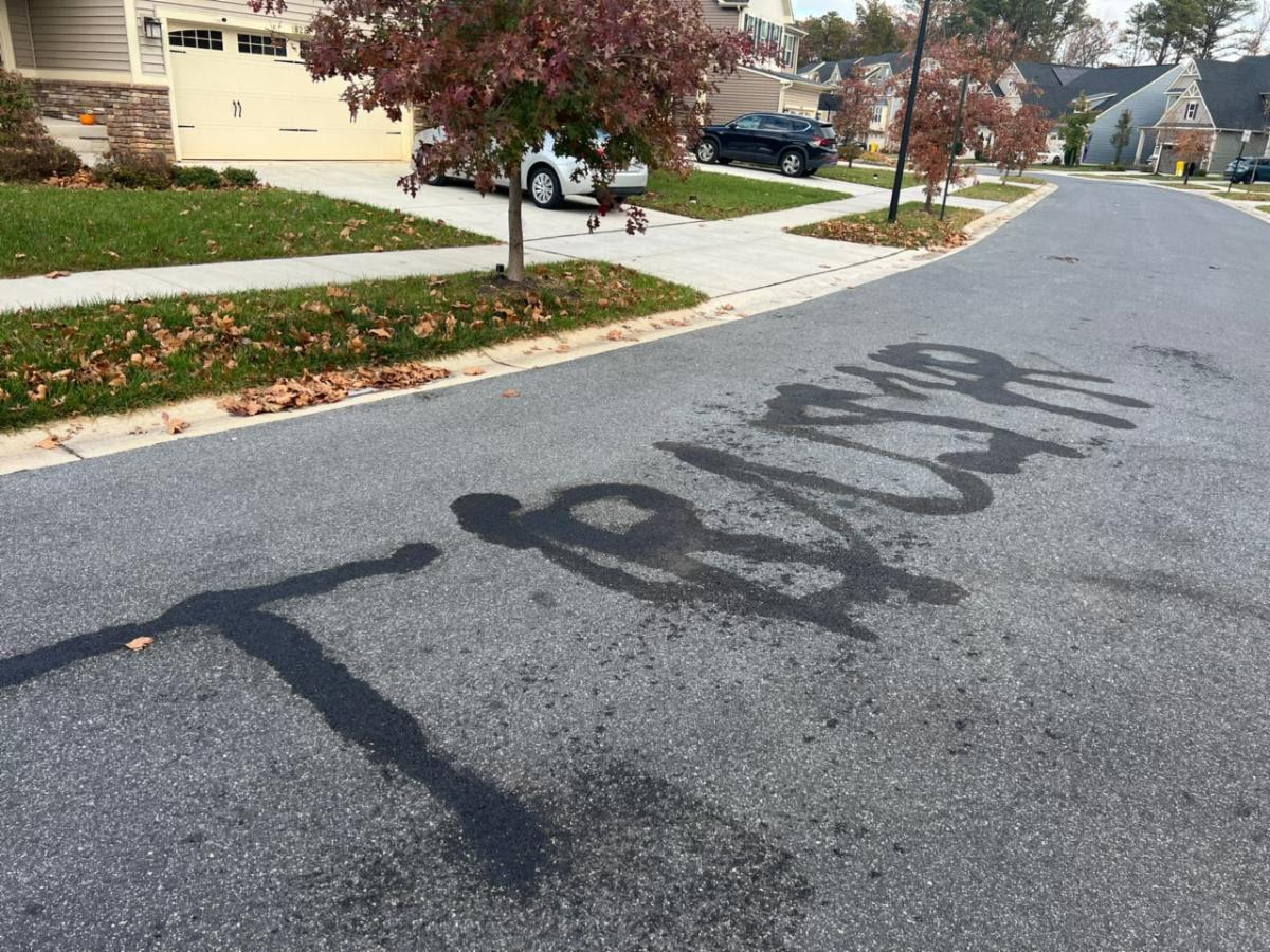 A man faces a felony charge after allegedly using a flamethrower to burn “TRUMP” and “USA” into the road outside his house.