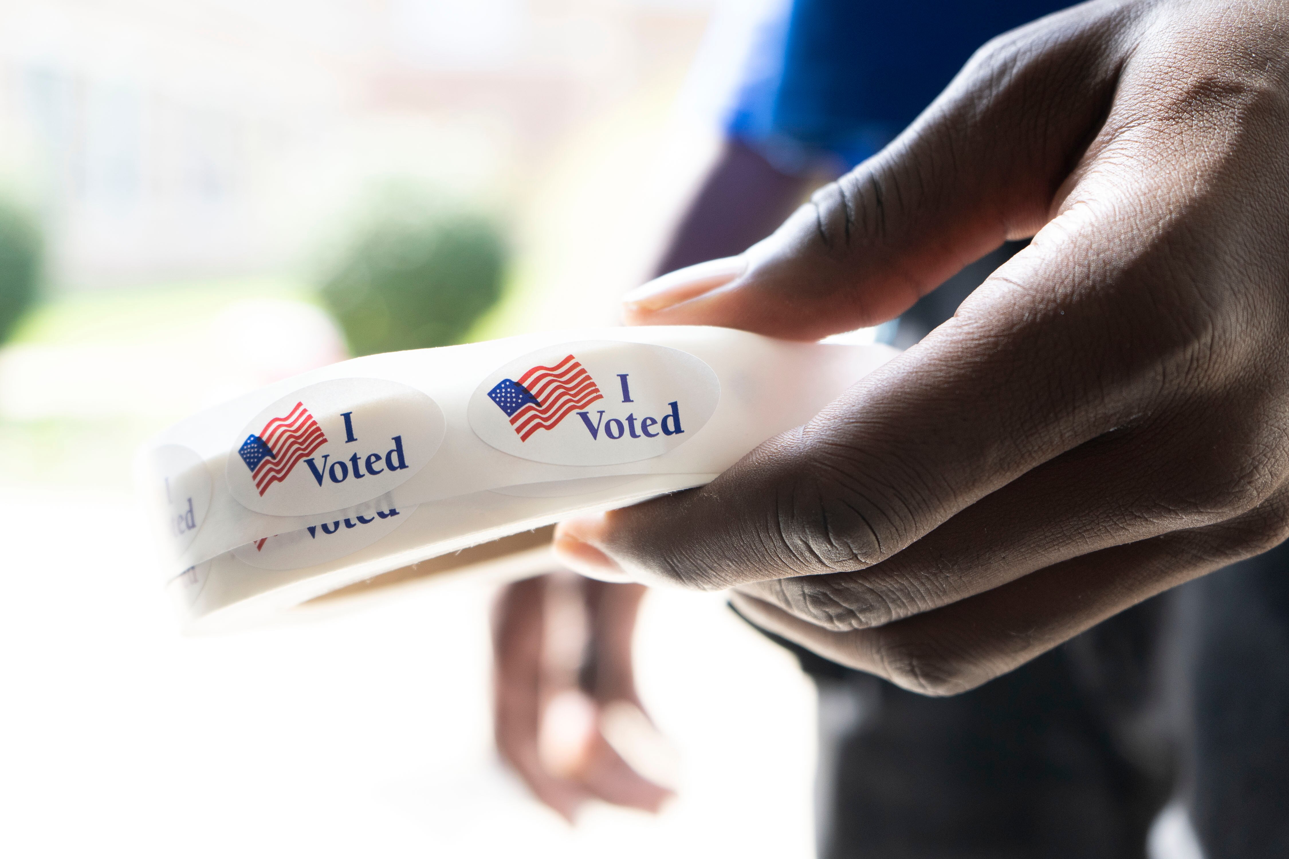 "I Voted" stickers in Windsor Mill Middle School in Baltimore County.