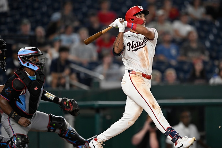 Washington Nationals' Daylen Lile watches his two-run home run go over the right field fence during the seventh inning.