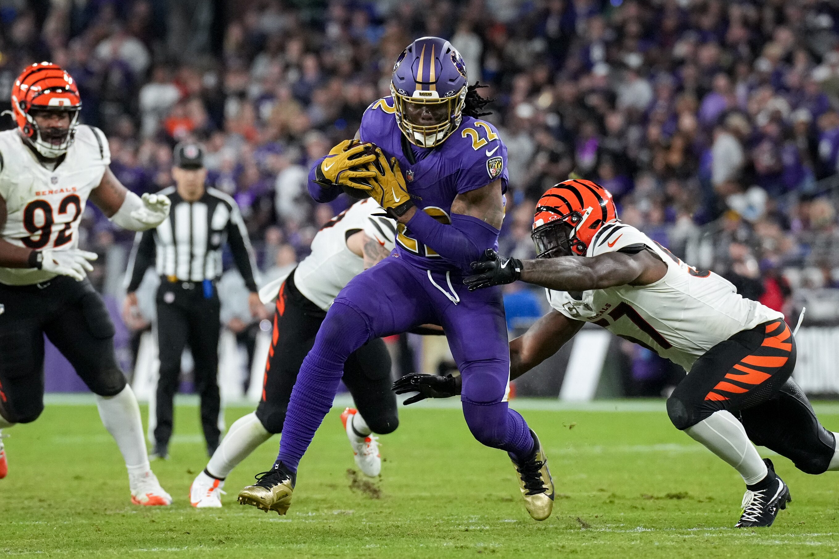 Baltimore Ravens running back Derrick Henry (22) rushes forward during a Thursday Night Football game against the Cincinnati Bengals at M&T Bank Stadium in Baltimore, Md., on November 7, 2024. The Baltimore Ravens won, 35-34.