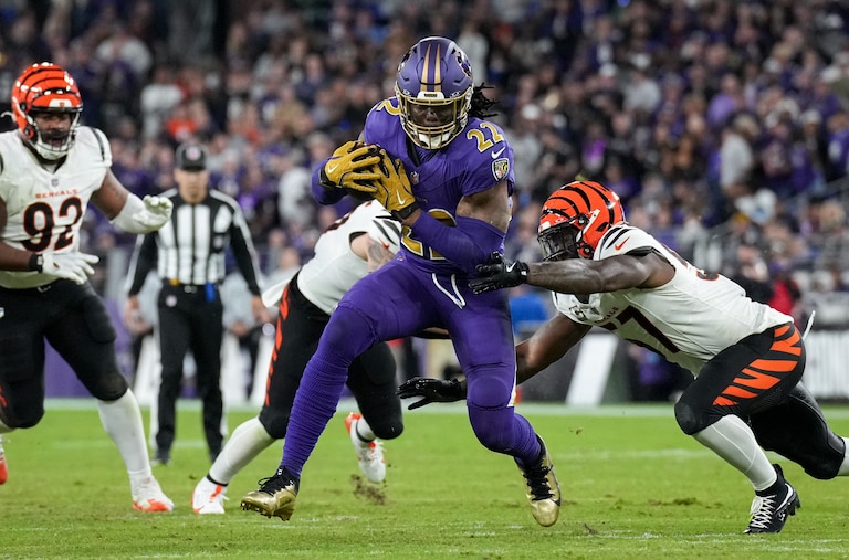 Baltimore Ravens running back Derrick Henry (22) rushes forward during a Thursday Night Football game against the Cincinnati Bengals at M&T Bank Stadium in Baltimore, Md., on November 7, 2024. The Baltimore Ravens won, 35-34.