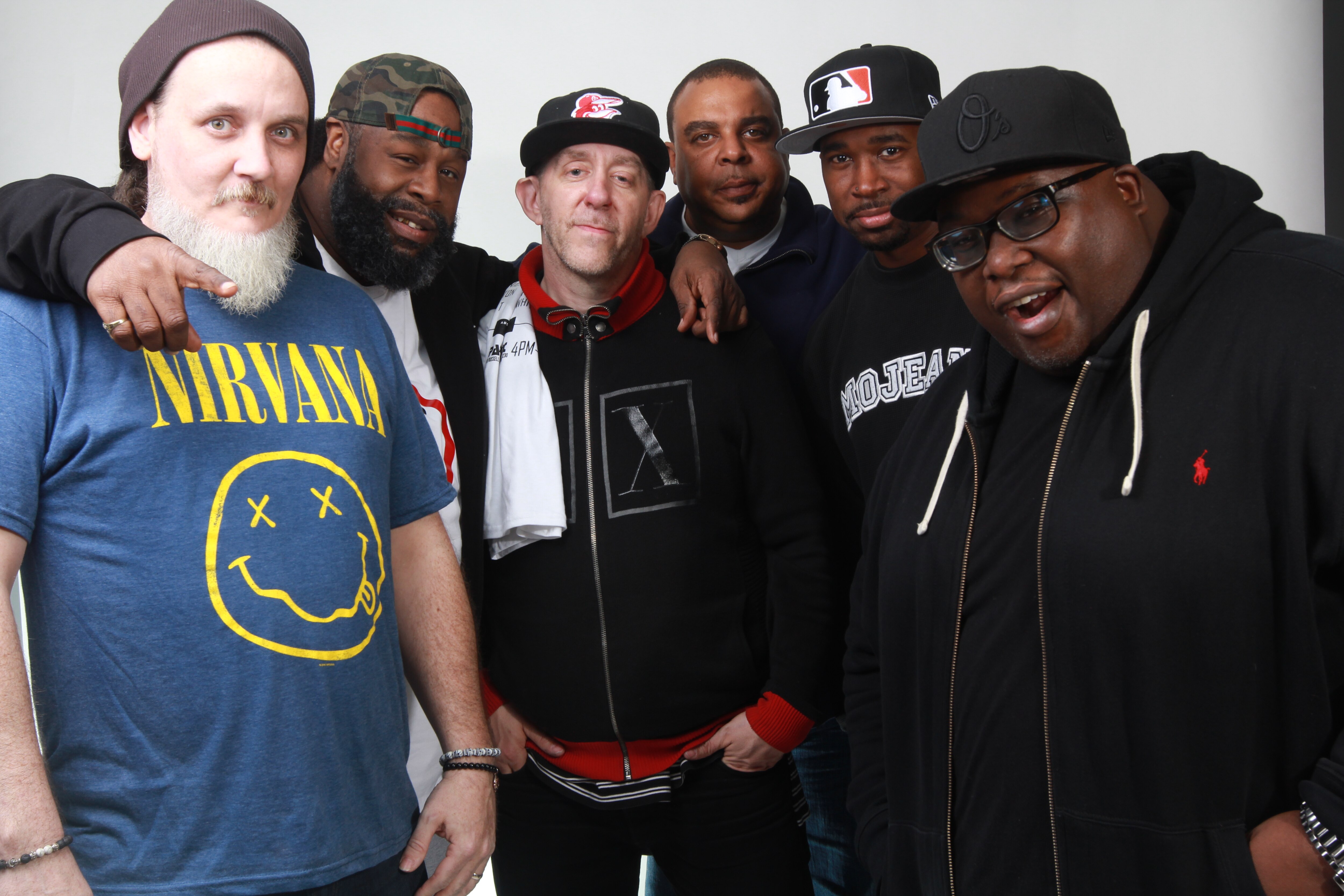 Some of the many pioneering DJs and artists Baltimore Club Music. Left to right: Eric "DJ Kool Breez" Atwell, Jimmy Jones, Scott "Scottie B." Rice, Shawn "DJ Ceez" Caesar, Kenny "KW Griff" Wilkins, Grant "DJ Booman" Burley III.