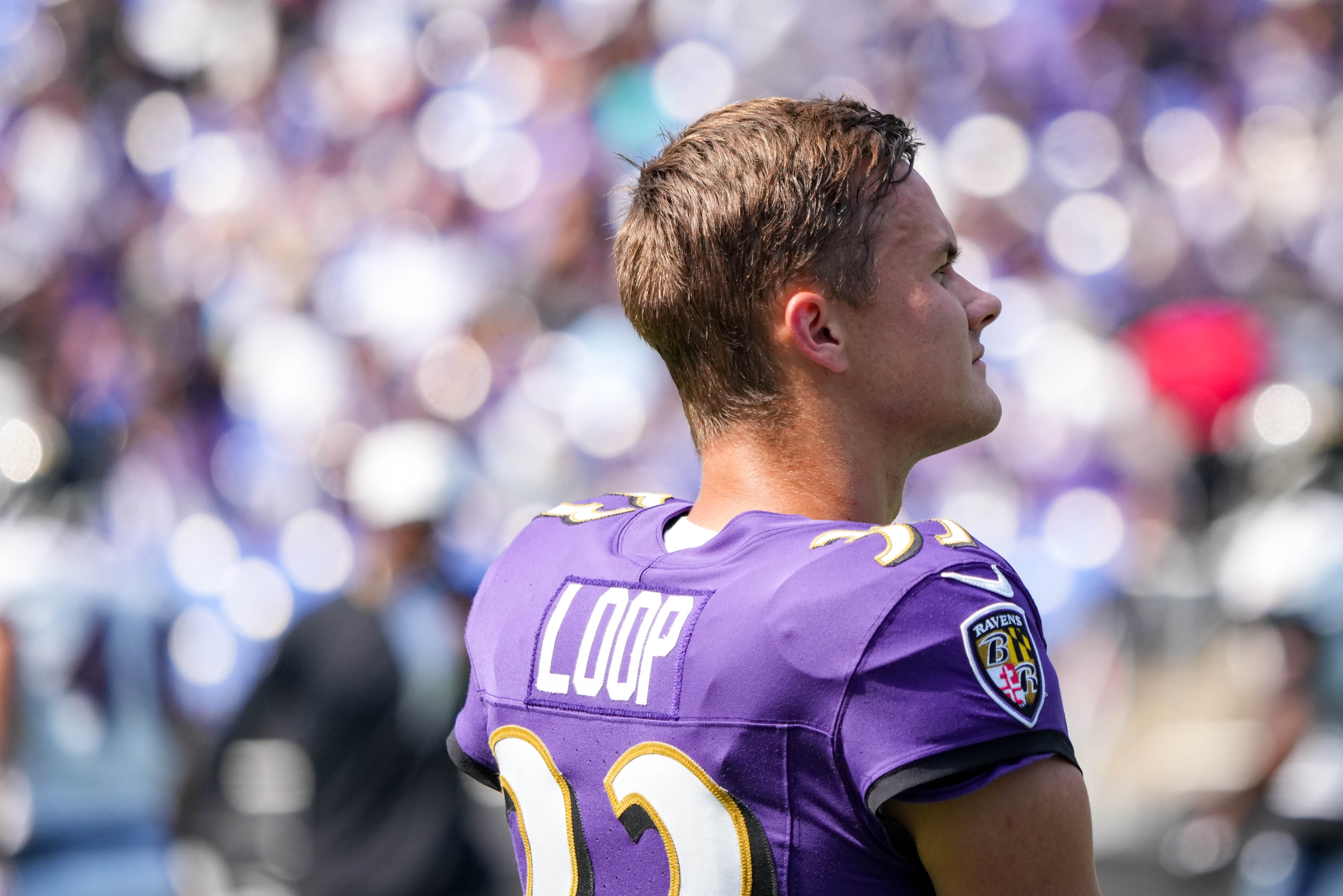 Baltimore Ravens place kicker Tyler Loop (33) walks the sidelines during the team’s training camp at M&T Bank Stadium in Baltimore, Md. on Sunday, August 3, 2025.