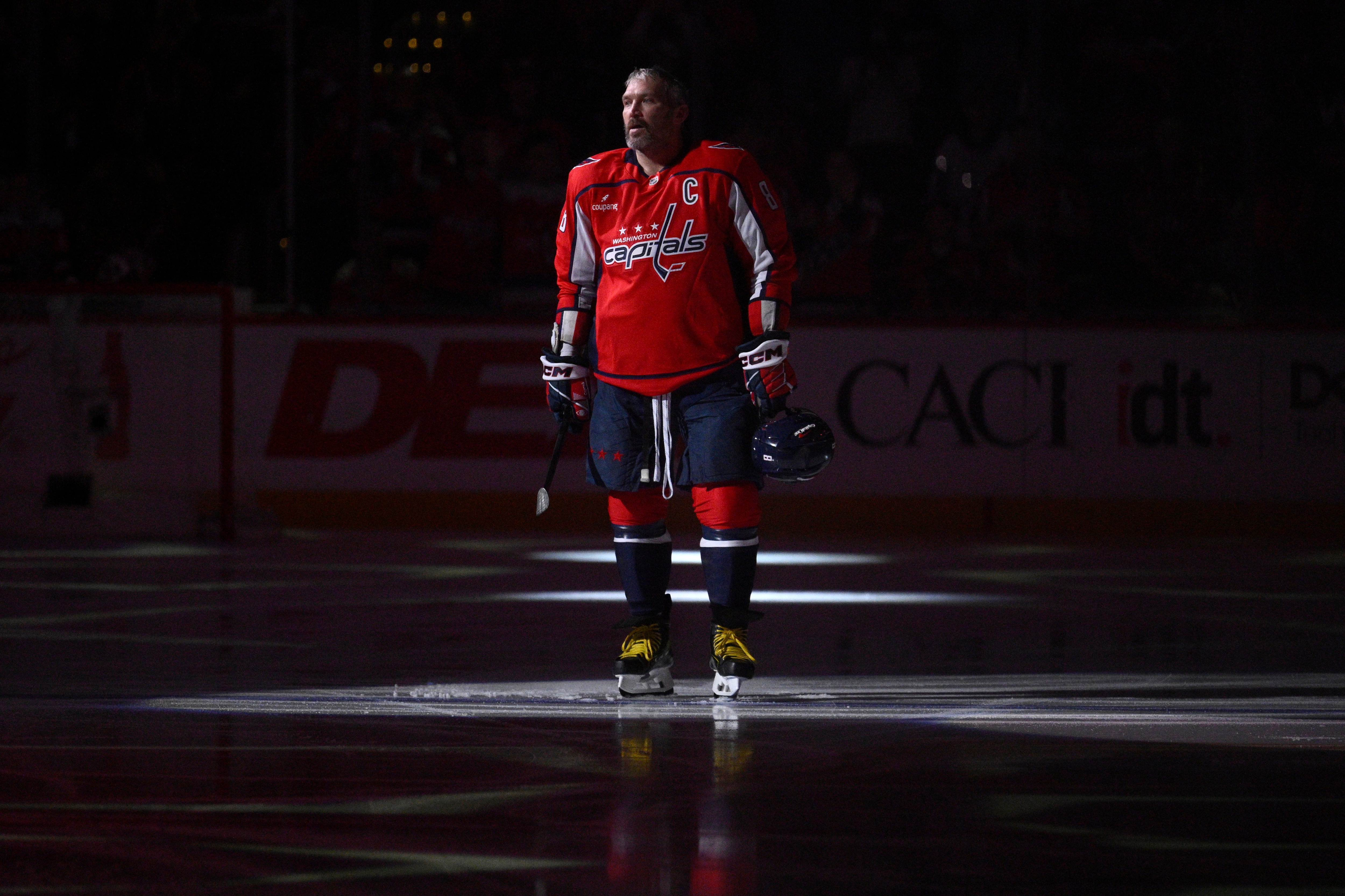 Washington Capitals left wing Alex Ovechkin stands on the ice before a game against the Pittsburgh Penguins on April 12.