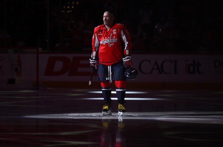Washington Capitals left wing Alex Ovechkin stands on the ice before a game against the Pittsburgh Penguins on April 12.