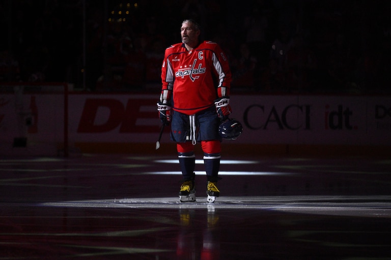 Washington Capitals left wing Alex Ovechkin stands on the ice before a game against the Pittsburgh Penguins on April 12.