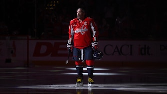 Washington Capitals left wing Alex Ovechkin stands on the ice before a game against the Pittsburgh Penguins on April 12.