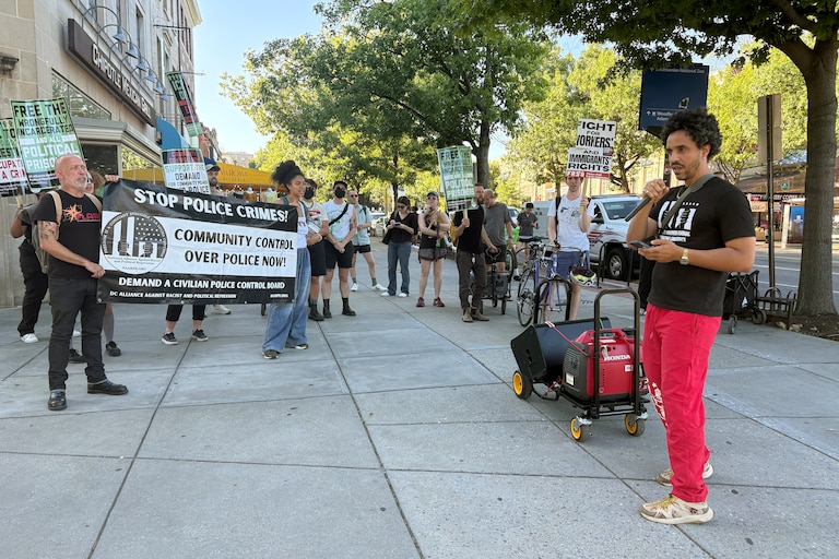 WEDNESDAY, JUNE 24, 2026 - Merawi Gerima speaks to community members at a vigil and rally for Nolberto Meza on Wednesday night. Gerima called for a stop to police chases.