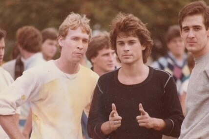 Howard Schacter, left, then a member of the Interfraternity Council at University of Maryland, College Park, poses with Rob Lowe during the filming of "St. Elmo's Fire."