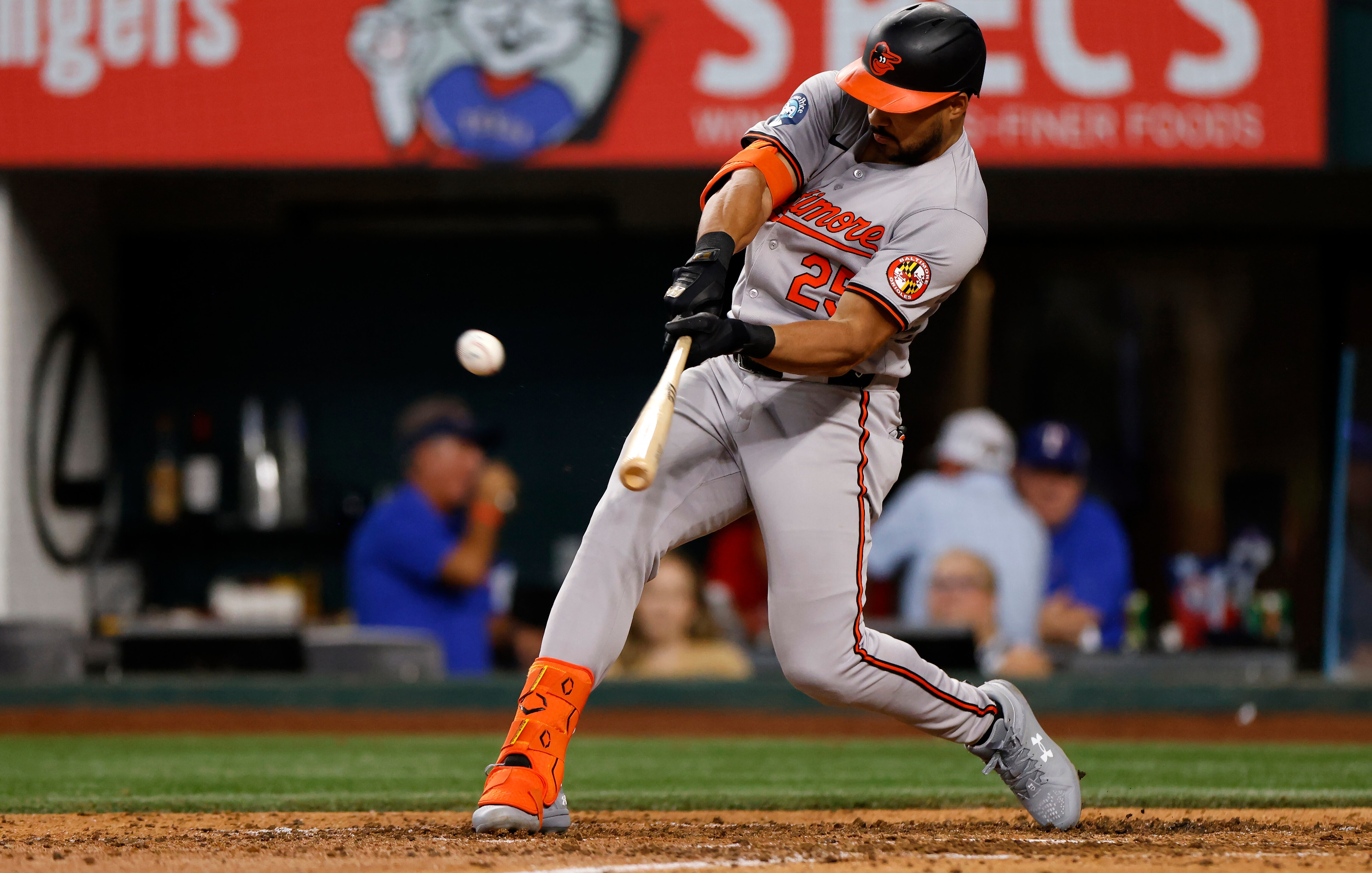 Orioles outfielder Anthony Santander hits his 27th home run, a two-run shot in the eighth inning, during a 3-2 loss at Texas on Sunday.