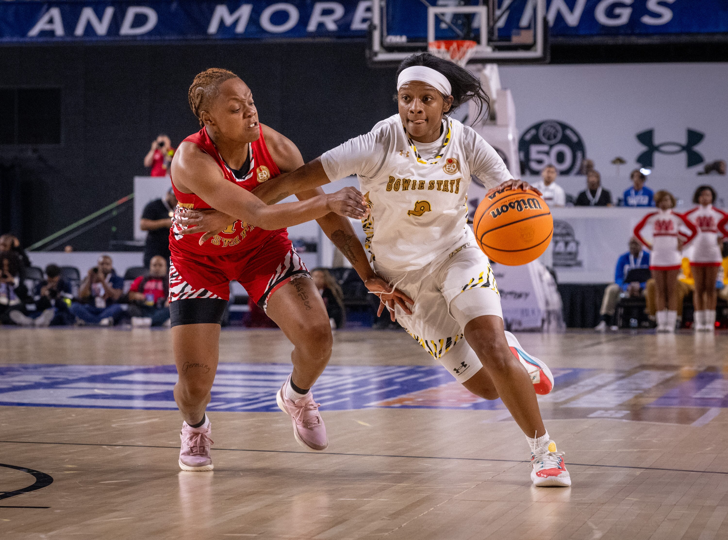 Destiny Ryles of Baltimore, right, scored 37 points in Bowie State’s opening victory Tuesday in the CIAA tournament.