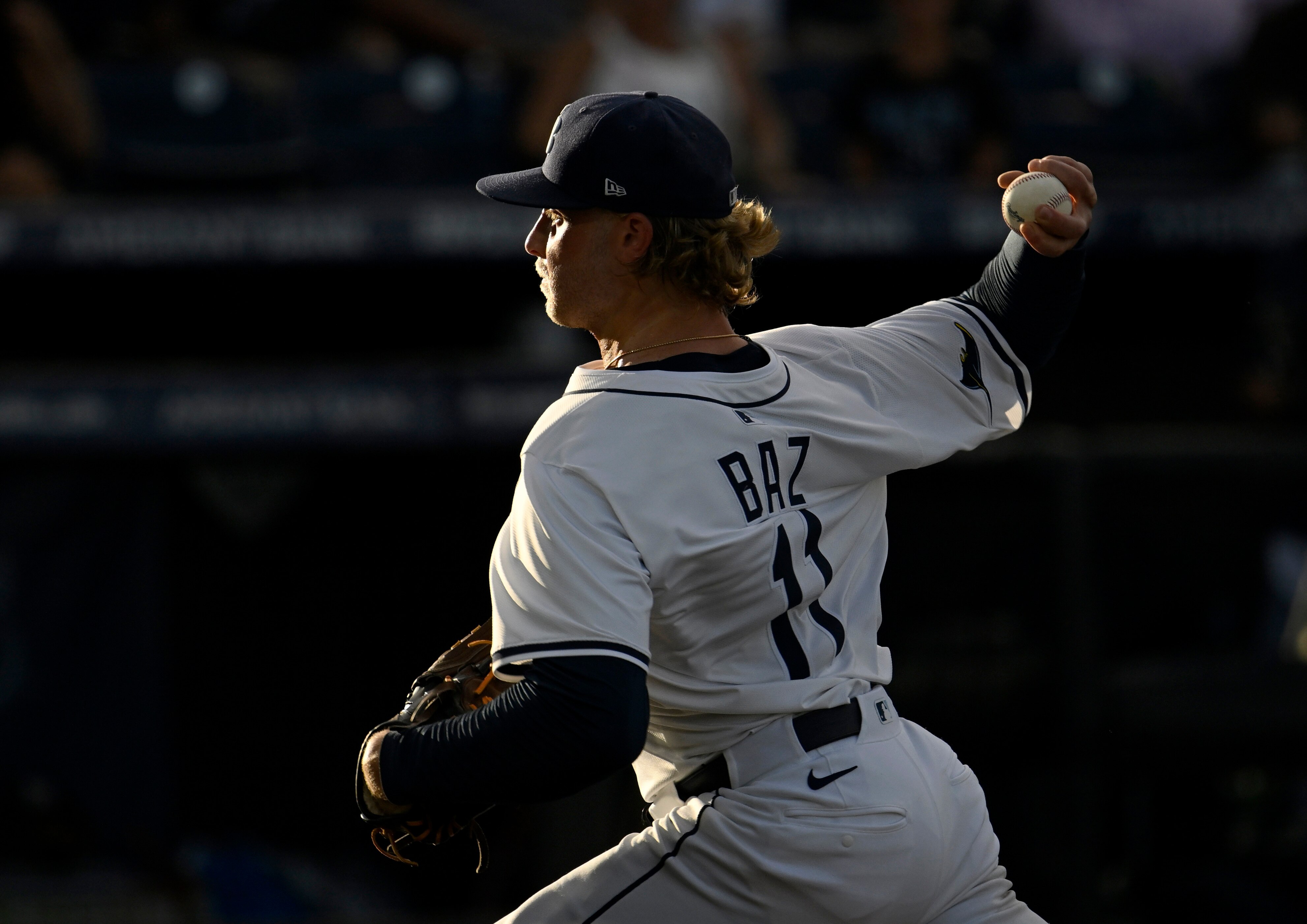 Tampa Bay Rays pitcher Shane Baz throws during the second inning of a baseball game against the Athletics Tuesday, July 1, 2025, in Tampa, Fla.