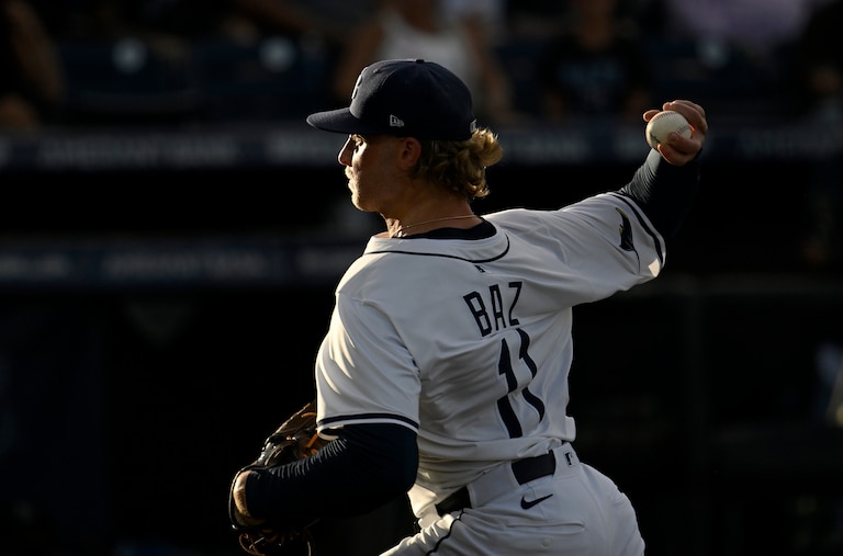 Tampa Bay Rays pitcher Shane Baz throws during the second inning of a baseball game against the Athletics Tuesday, July 1, 2025, in Tampa, Fla.