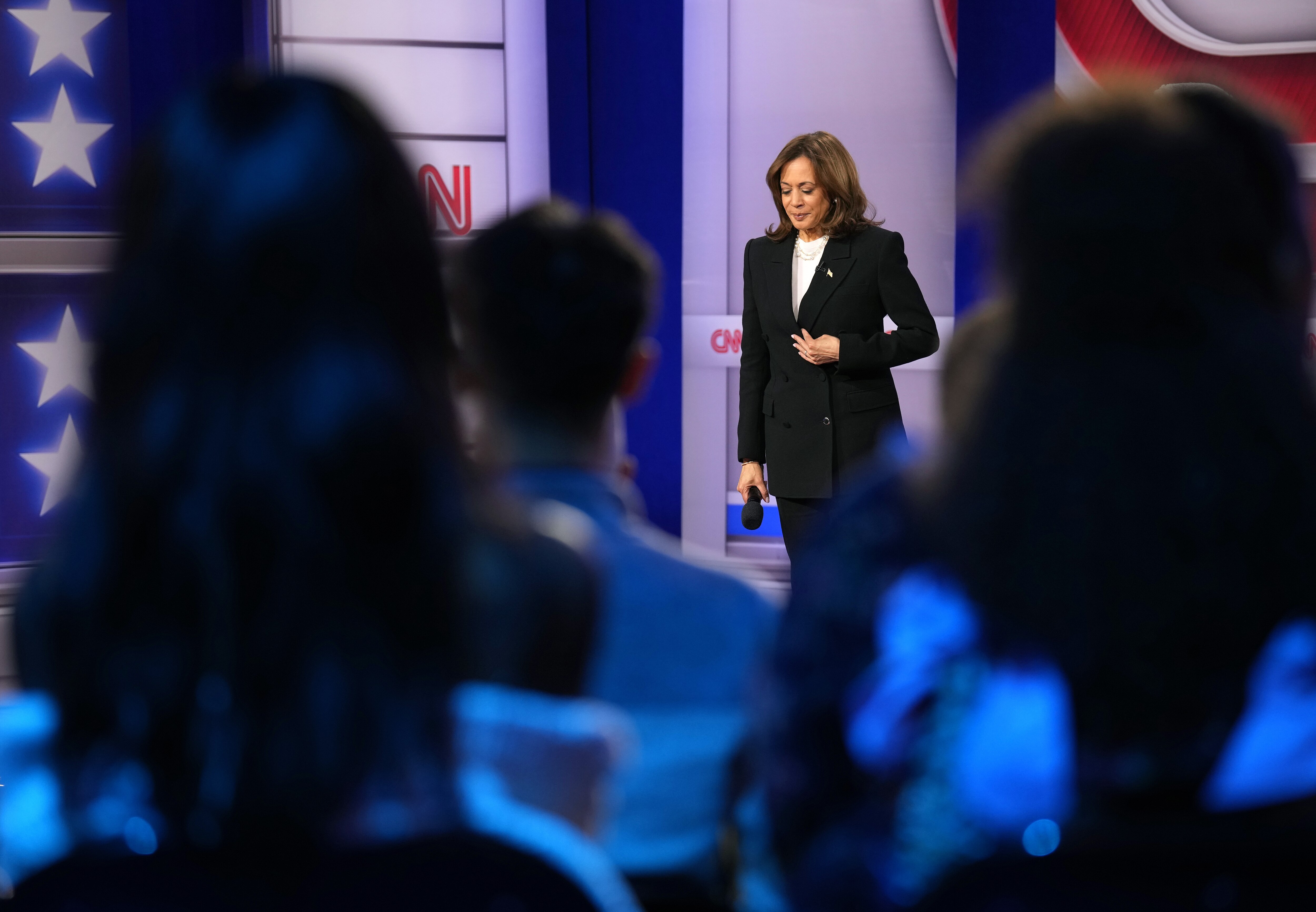 ASTON, PENNSYLVANIA - OCTOBER 23: Democratic presidential nominee, U.S. Vice President Kamala Harris pauses during a CNN Presidential Town Hall at Sun Center Studios on October 23, 2024 in Aston, Pennsylvania. With less than two weeks to Election Day, Harris spent the day in Philadelphia, Pennsylvania and made a visit to Famous 4th Street Delicatessen to greet supporters.