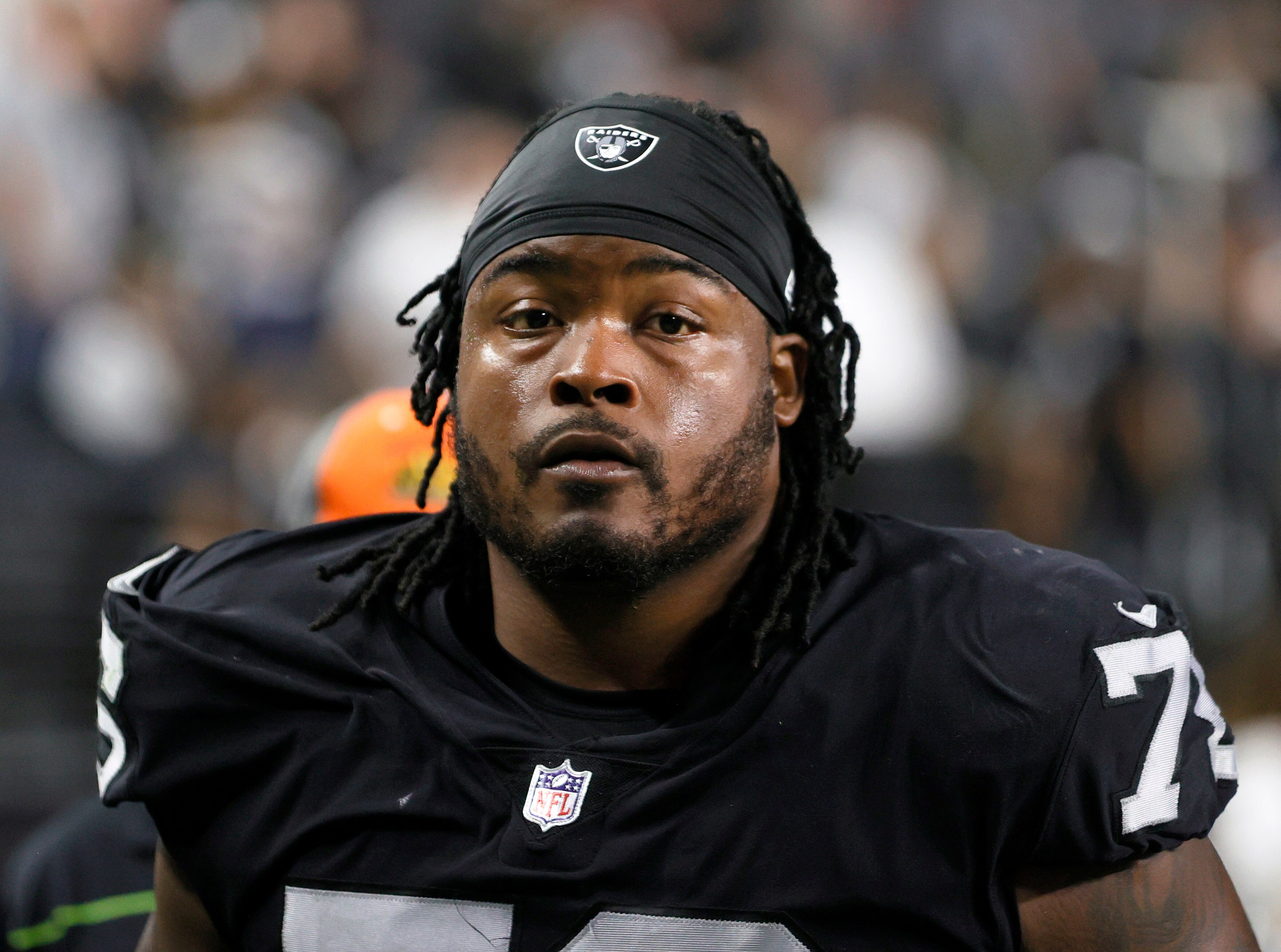 LAS VEGAS, NEVADA - NOVEMBER 14:  Guard John Simpson #76 of the Las Vegas Raiders walks off the field the team's 41-14 loss to the Kansas City Chiefs at Allegiant Stadium on November 14, 2021 in Las Vegas, Nevada.  (Photo by Ethan Miller/Getty Images)