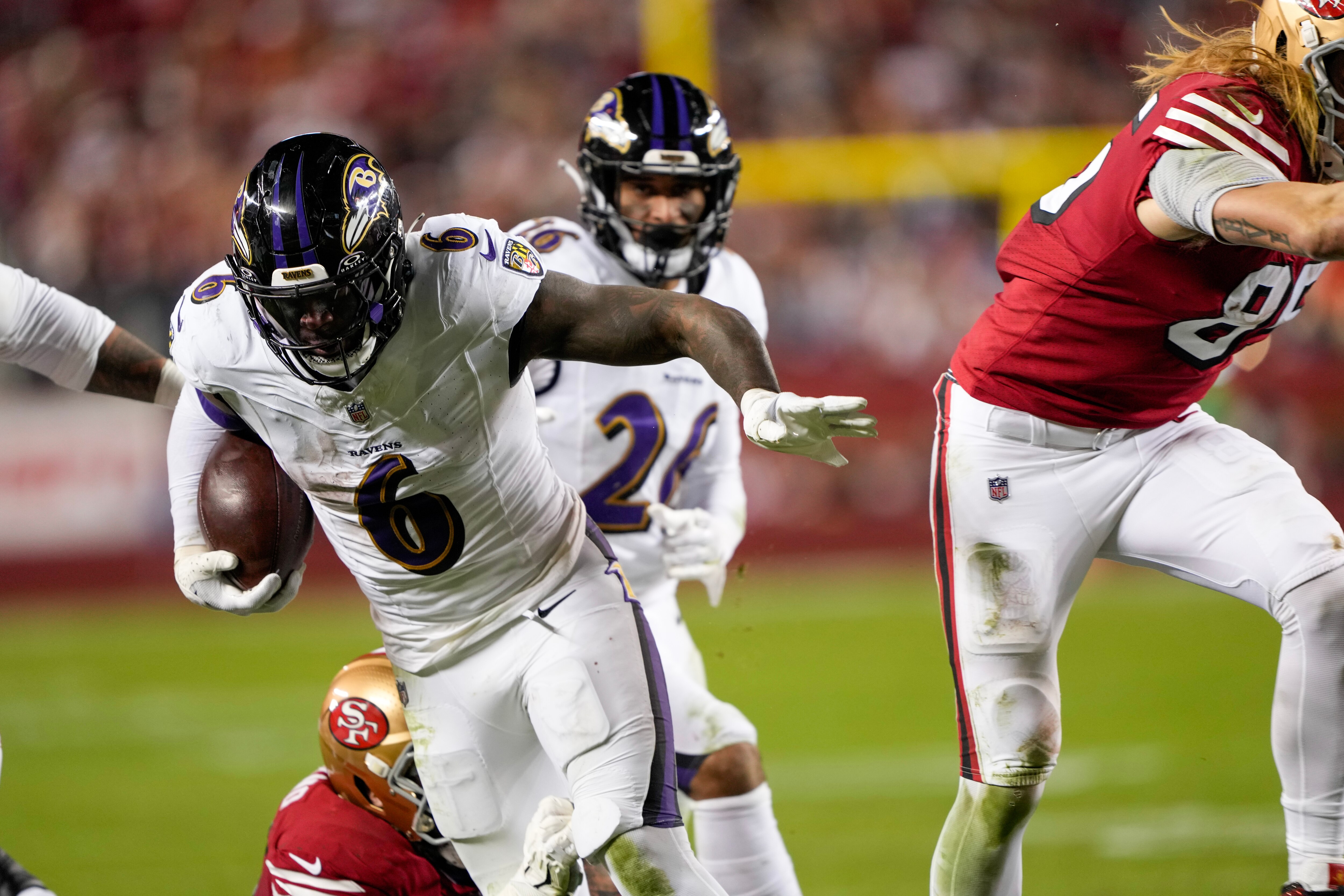 Patrick Queen, #6 of the Baltimore Ravens, intercepts a pass during the third quarter against the San Francisco 49ers at Levi's Stadium on Dec. 25, 2023 in Santa Clara, California.