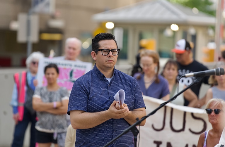 July 2, 2026 - Democratic representative for District 13 representing Howard County Delegate Gabriel Moreno speaks at a protest against an ICE detention center being built in Howard County.