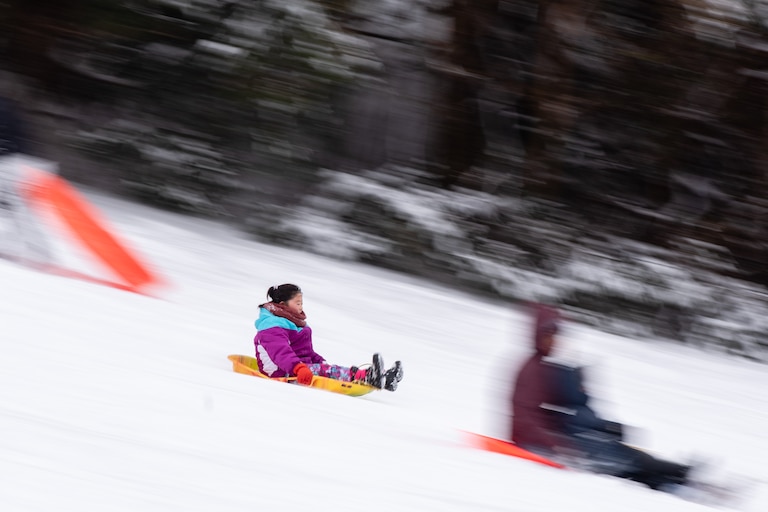 A child sleds down a hill at Lake Elkhorn during a snow day on January 6th, 2025 in Columbia, MD.