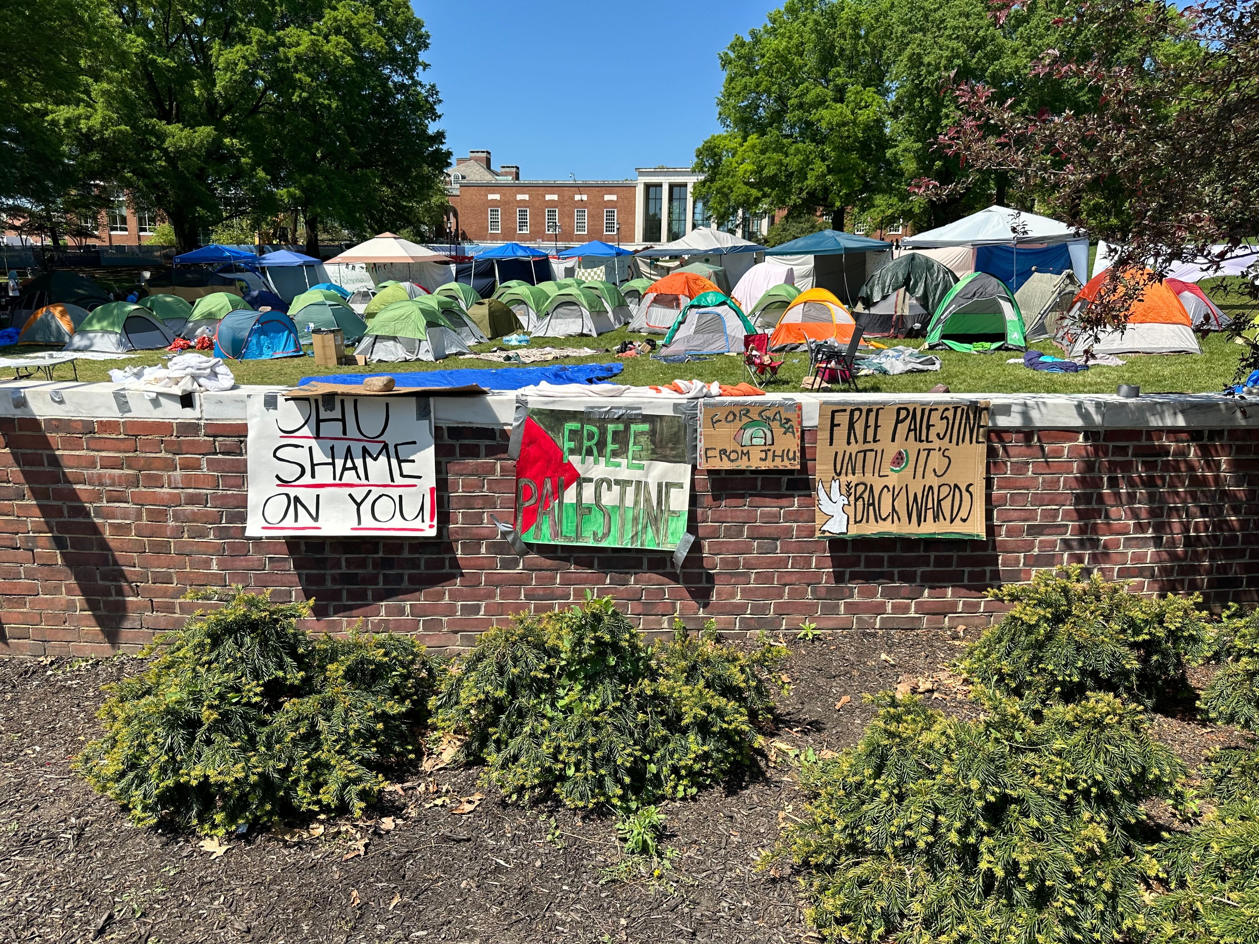 Pro-Palestinian protesters have turned a grassy area on Johns Hopkins’ Homewood campus called “the beach” into a tent encampment.