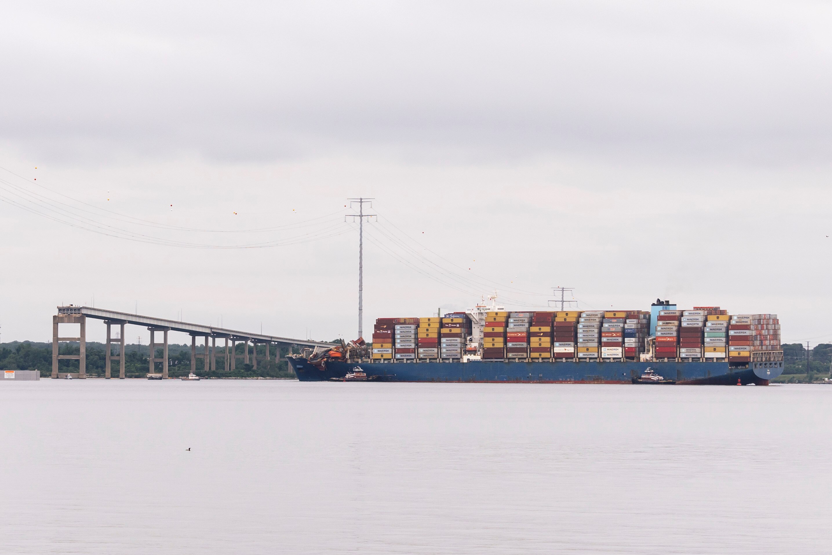 The Dali cargo ship begins to move from the Key Bridge wreckage site, on the morning of May 20, 2024 in Baltimore, MD.