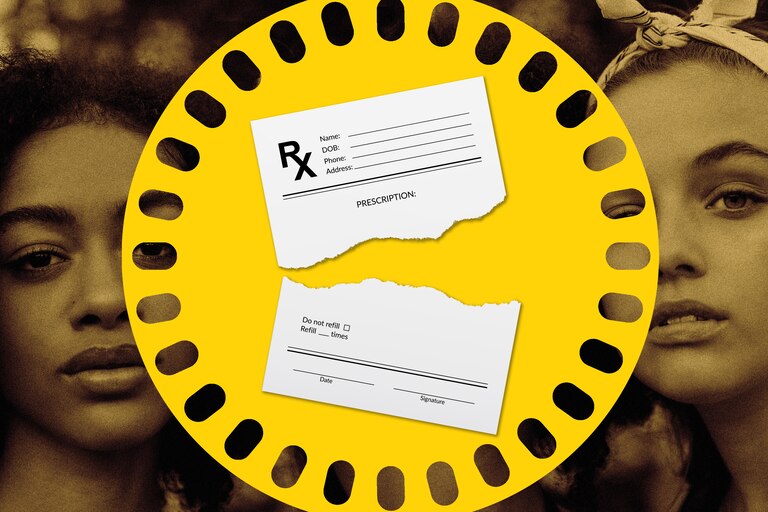 Photo collage of two young women behind a circular pill pack of birth control and a ripped-up prescription form