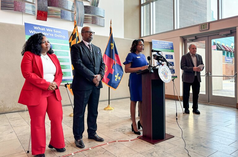 Montgomery County Council member Laurie-Anne Sayles speaks during a press conference announcing a $1 million budget appropriation to support the county health safety net at the Silver Spring Civic Center on Monday morning.