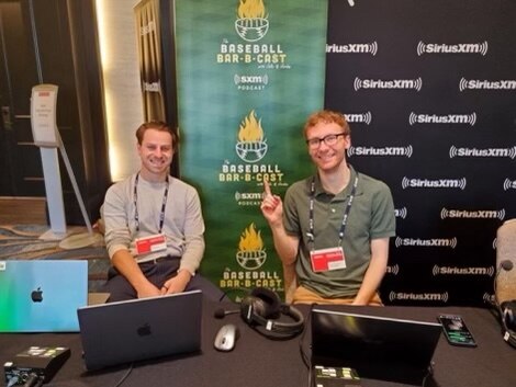 Jake Mintz, left, and Jordan Shusterman host the popular baseball podcast Cespedes Family BBQ. The'll record a live show from outside Camden Yards on Saturday.