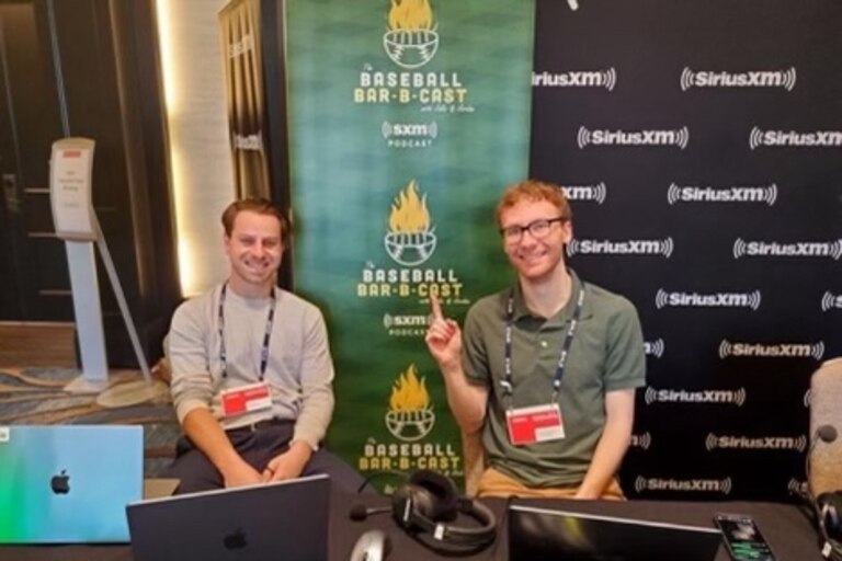 Jake Mintz, left, and Jordan Shusterman host the popular baseball podcast Cespedes Family BBQ. The'll record a live show from outside Camden Yards on Saturday.