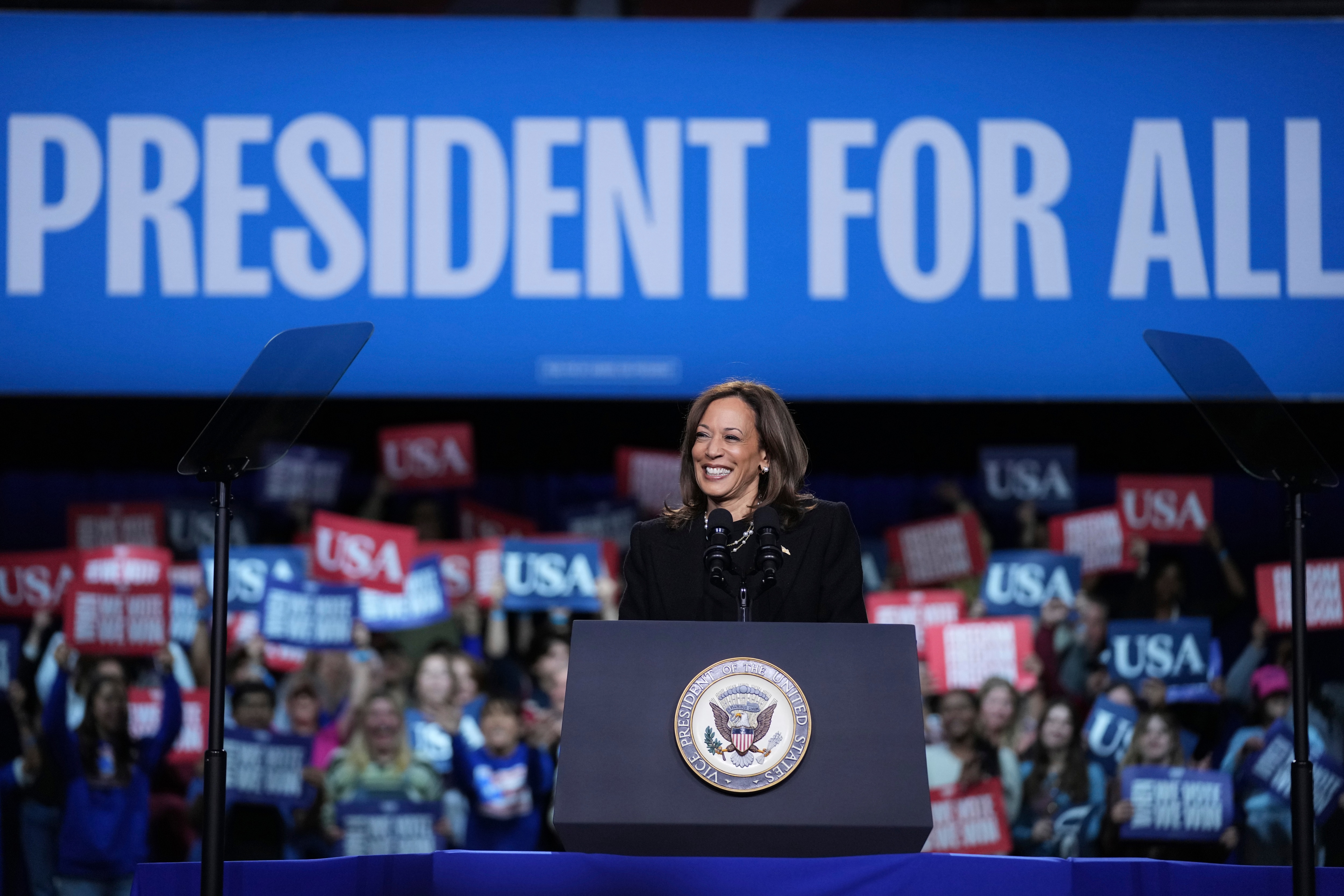 Democratic presidential nominee Vice President Kamala Harris speaks during a campaign rally in Memorial Hall at Muhlenberg College in Allentown, Pa., Monday, Nov. 4, 2024.