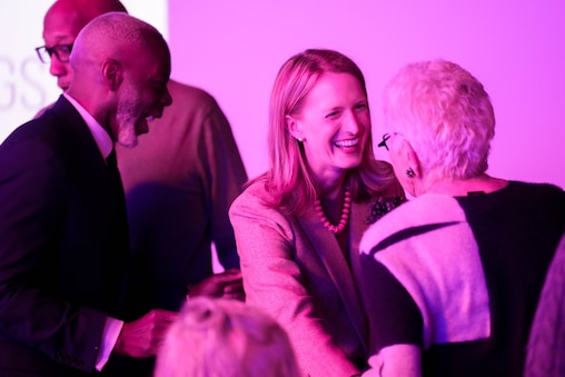 Comptroller Brooke Lierman, center, greets attendees during Wide Angle Youth Media’s Folklife Art documentary series screening at their headquarters in Baltimore, Md., on Friday, February 6, 2026.