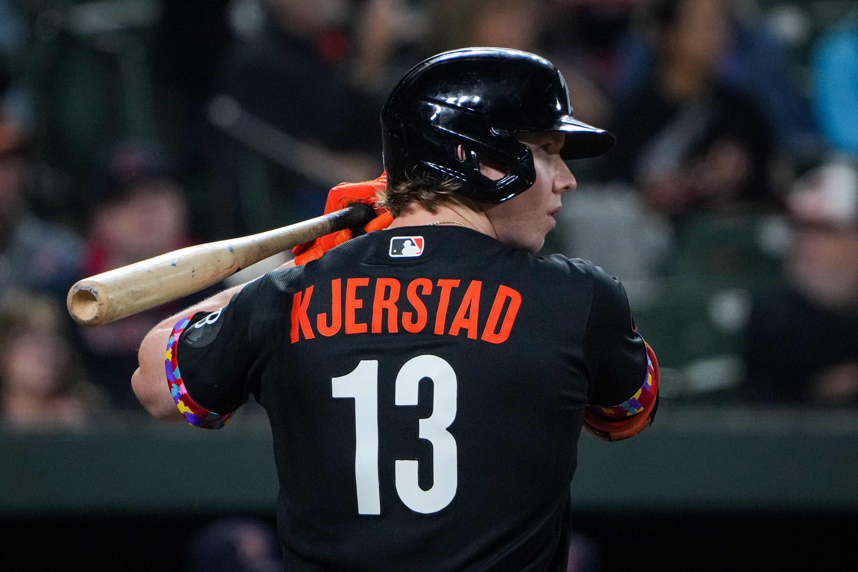 Baltimore Orioles right fielder Heston Kjerstad (13) gets ready to swing at a pitch during a baseball game against the Boston Red Sox on Friday, Sept. 29, 2023.