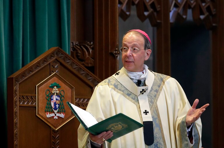 Baltimore Archbishop William Lori leads a funeral Mass in Baltimore on March 28, 2017. On Tuesday, Nov. 15, 2022, Lori was elected as the new vice president of the U.S. Conference of Catholic Bishops.