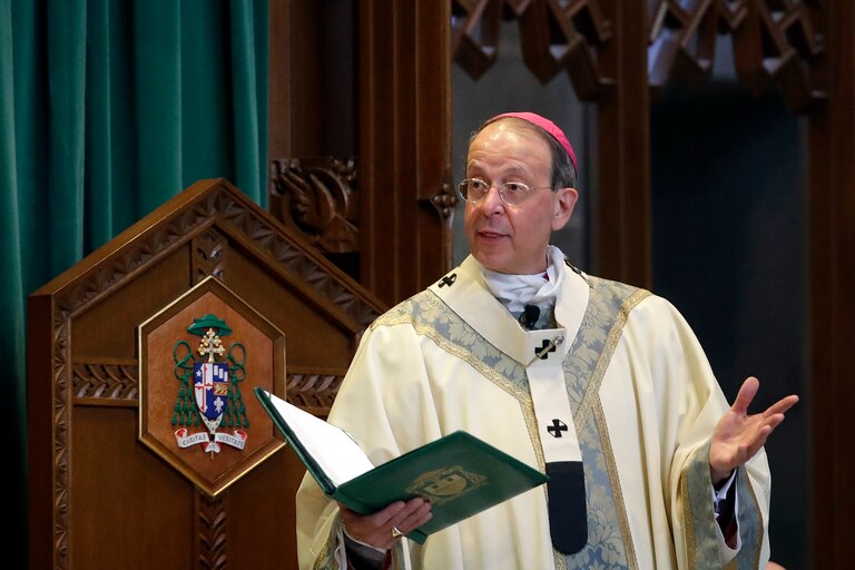 Baltimore Archbishop William Lori leads a funeral Mass in Baltimore on March 28, 2017. On Tuesday, Nov. 15, 2022, Lori was elected as the new vice president of the U.S. Conference of Catholic Bishops.