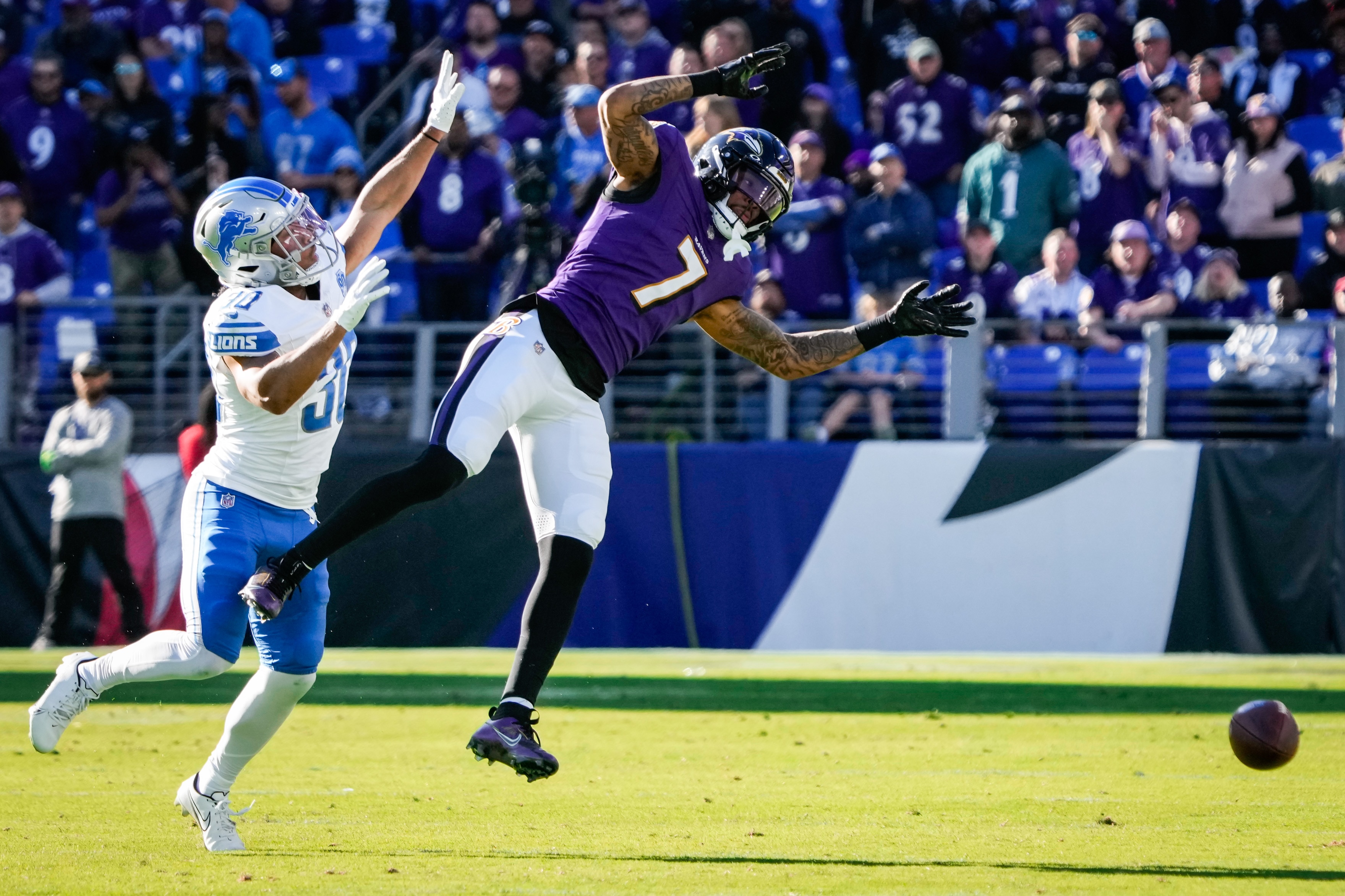 Baltimore Ravens wide receiver Rashod Bateman (7) fails to catch the ball during the fourth quarter against the Detroit Lions at M&T Bank Stadium on Sunday, Oct. 22, 2023.