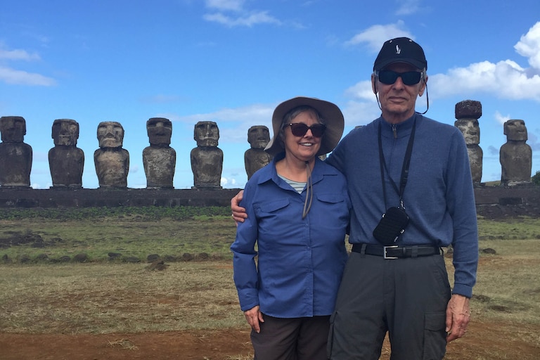 Don Steinwachs, right, and his wife Sherry in Easter Island, Chile in 2019.