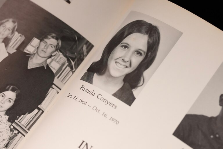 High school friend and former bandmate, Michael Golden class of ‘73, speaks on the 1970 murder of 16-year-old Pamela Lynn Conyers during a press conference at the Anne Arundel Police Headquarters on March 10, 2023.