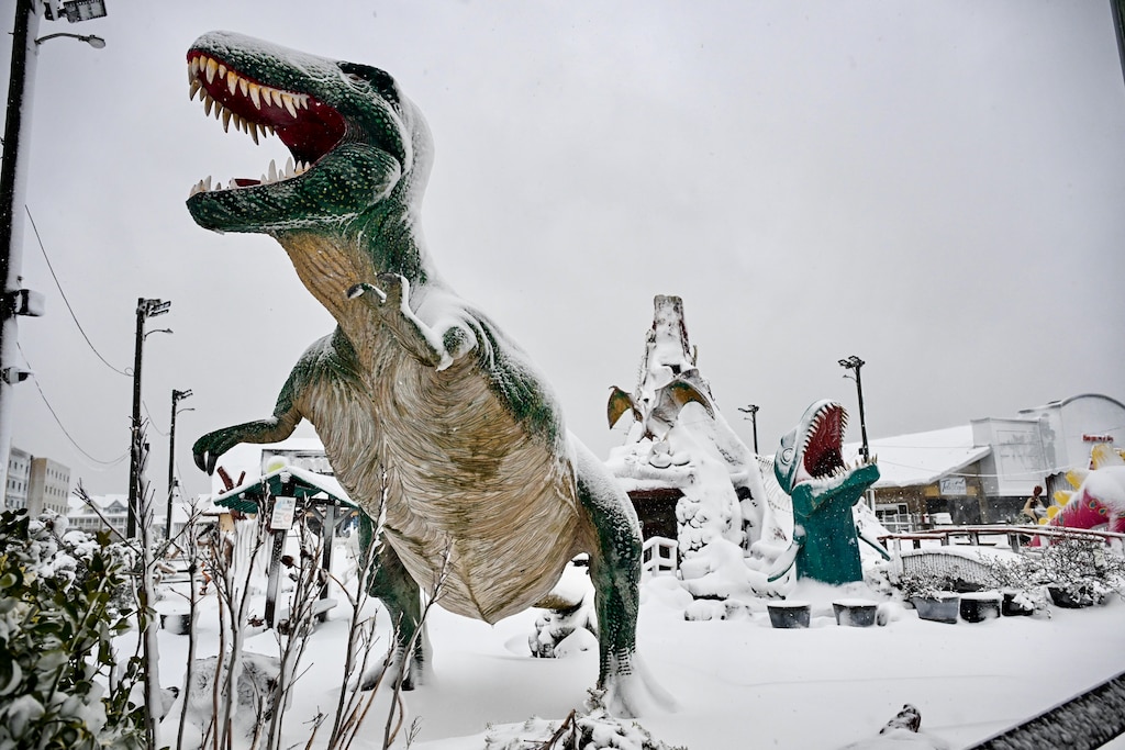 The dinosaurs at Old Pro Golf in Ocean City are coated in a layer of snow on Monday.