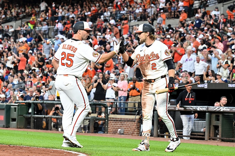 Pete Alonso, left, celebrates with Gunnar Henderson after hitting a home run in the third inning against the New York Yankees.