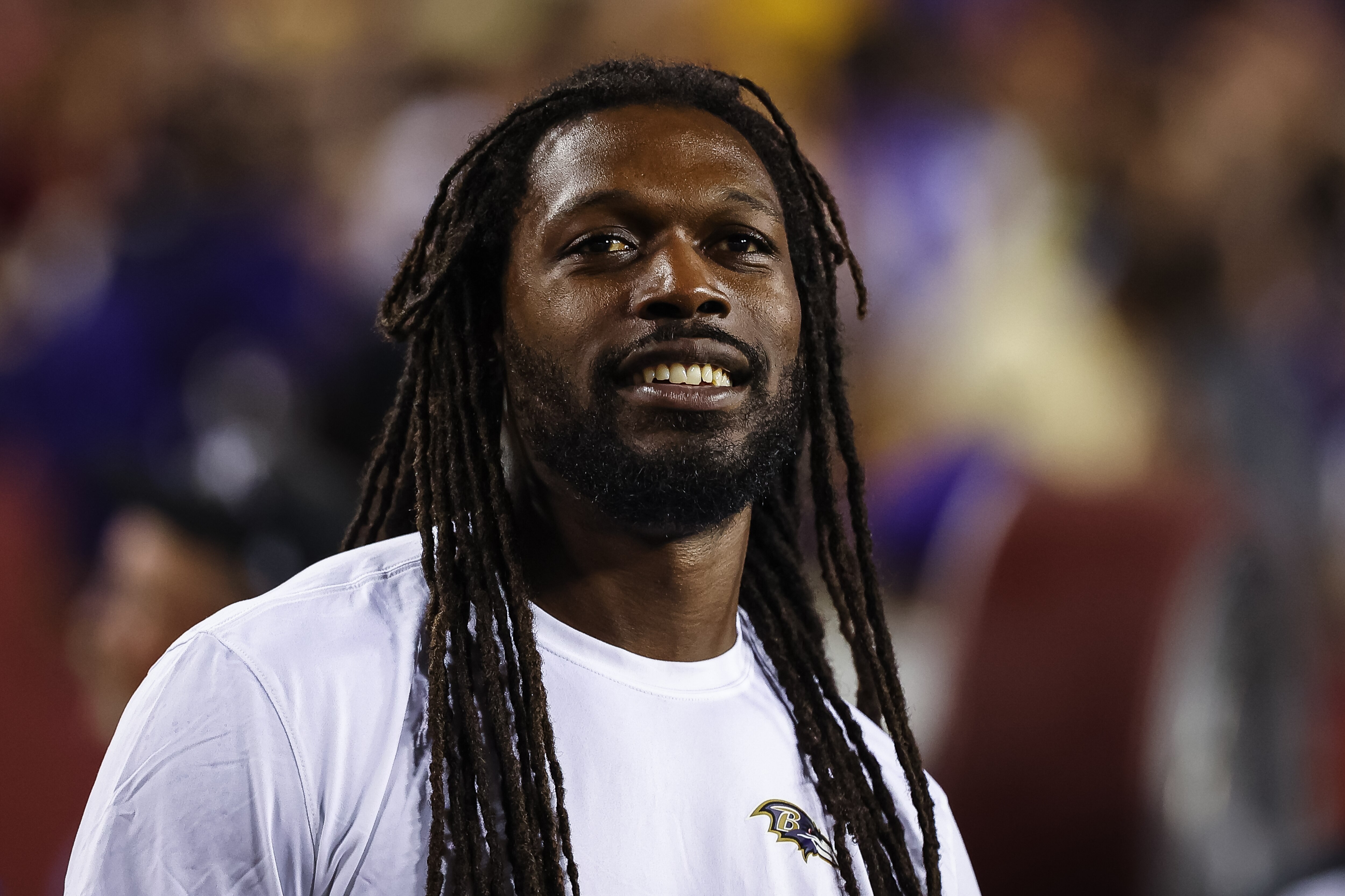 LANDOVER, MD - AUGUST 21: Jadeveon Clowney of the Baltimore Ravens looks on from the sideline during the second half of the preseason game against the Washington Commanders at FedExField on August 21, 2023 in Landover, Maryland. (Photo by Scott Taetsch/Getty Images)