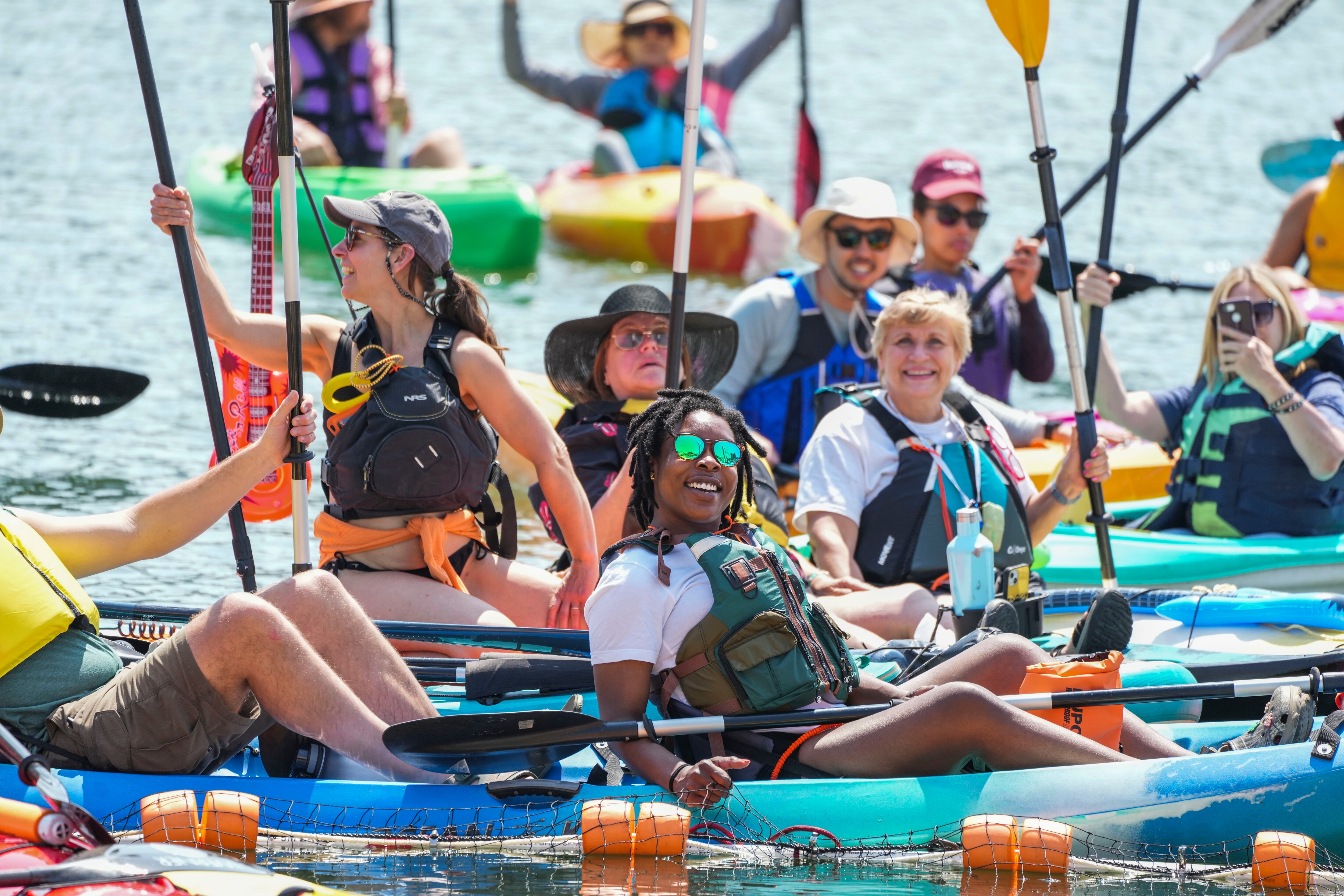 Paddlers make the five mile round trip journey from Canton Waterfront Park to the Inner Harbor during the annual Floatilla on June 10, 2023.