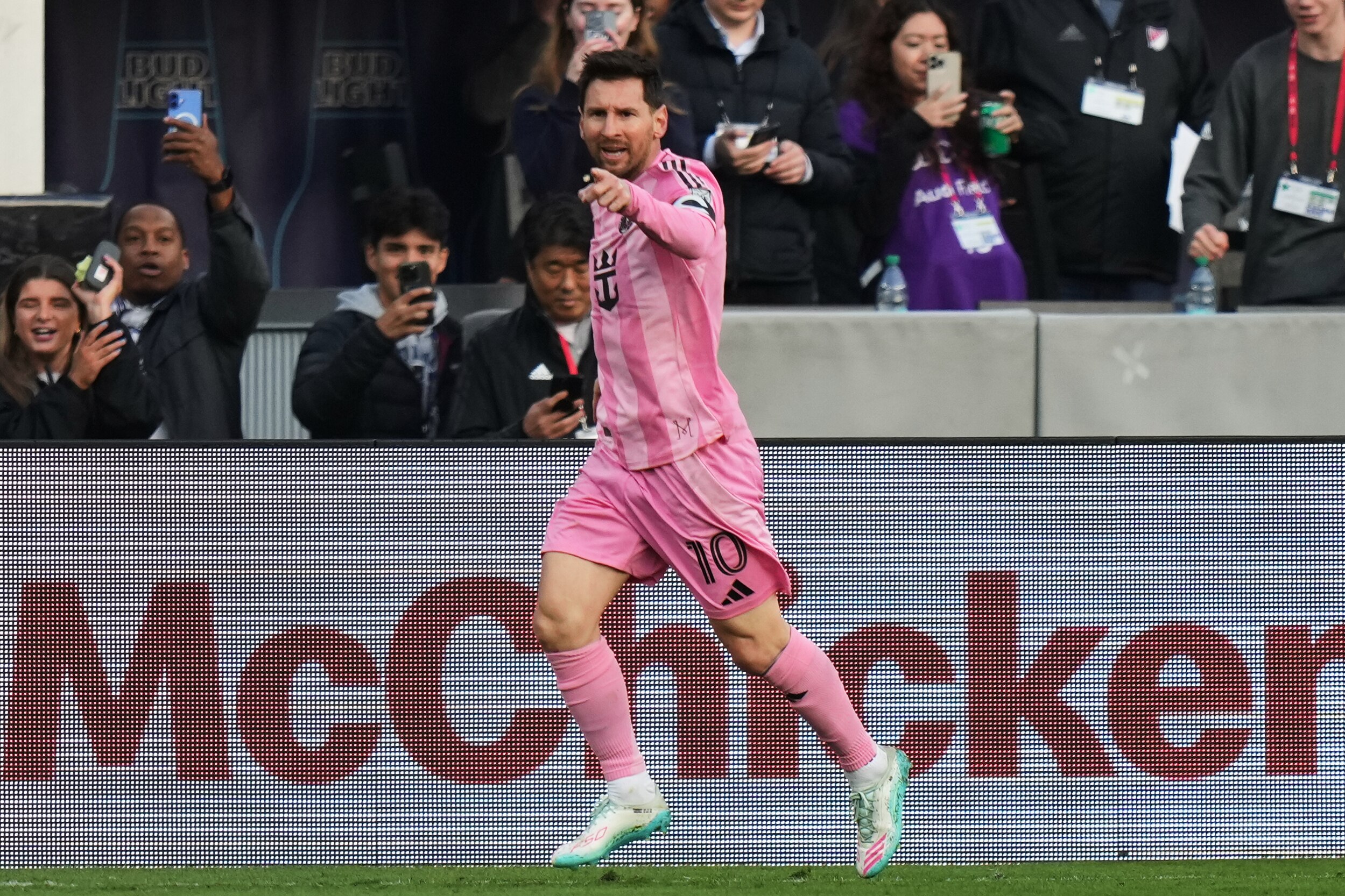 Inter Miami forward Lionel Messi (10) celebrates after his goal against D.C. United during the first half of an MLS soccer match, Saturday, March 7, 2026, in Baltimore. (AP Photo/Stephanie Scarbrough)