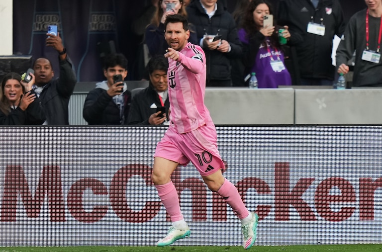 Inter Miami forward Lionel Messi (10) celebrates after his goal against D.C. United during the first half of an MLS soccer match, Saturday, March 7, 2026, in Baltimore. (AP Photo/Stephanie Scarbrough)