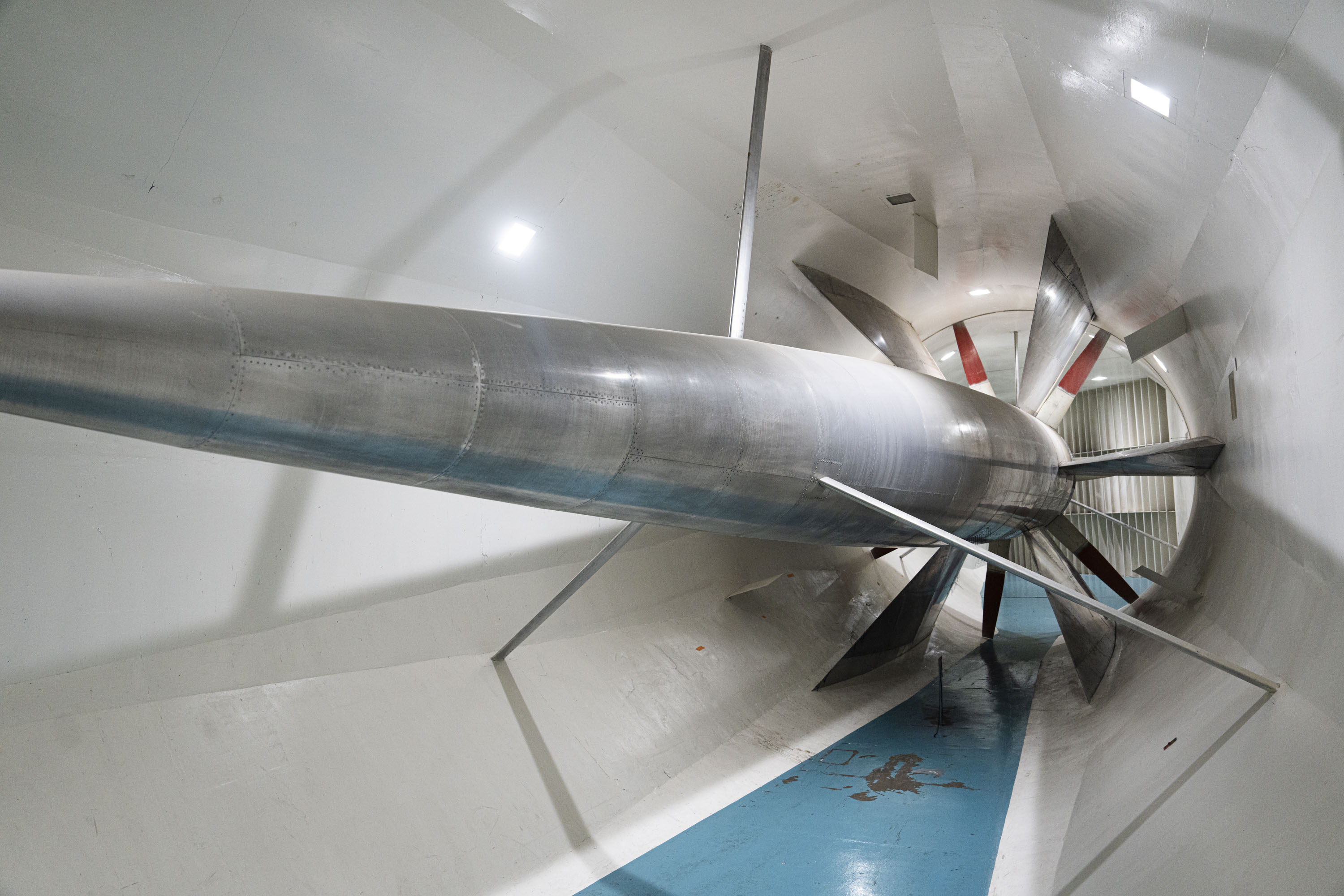 A fan that is nineteen feet in diameter pushes the wind through the tunnel at The Glenn L. Martin Wind Tunnel at University of Maryland.