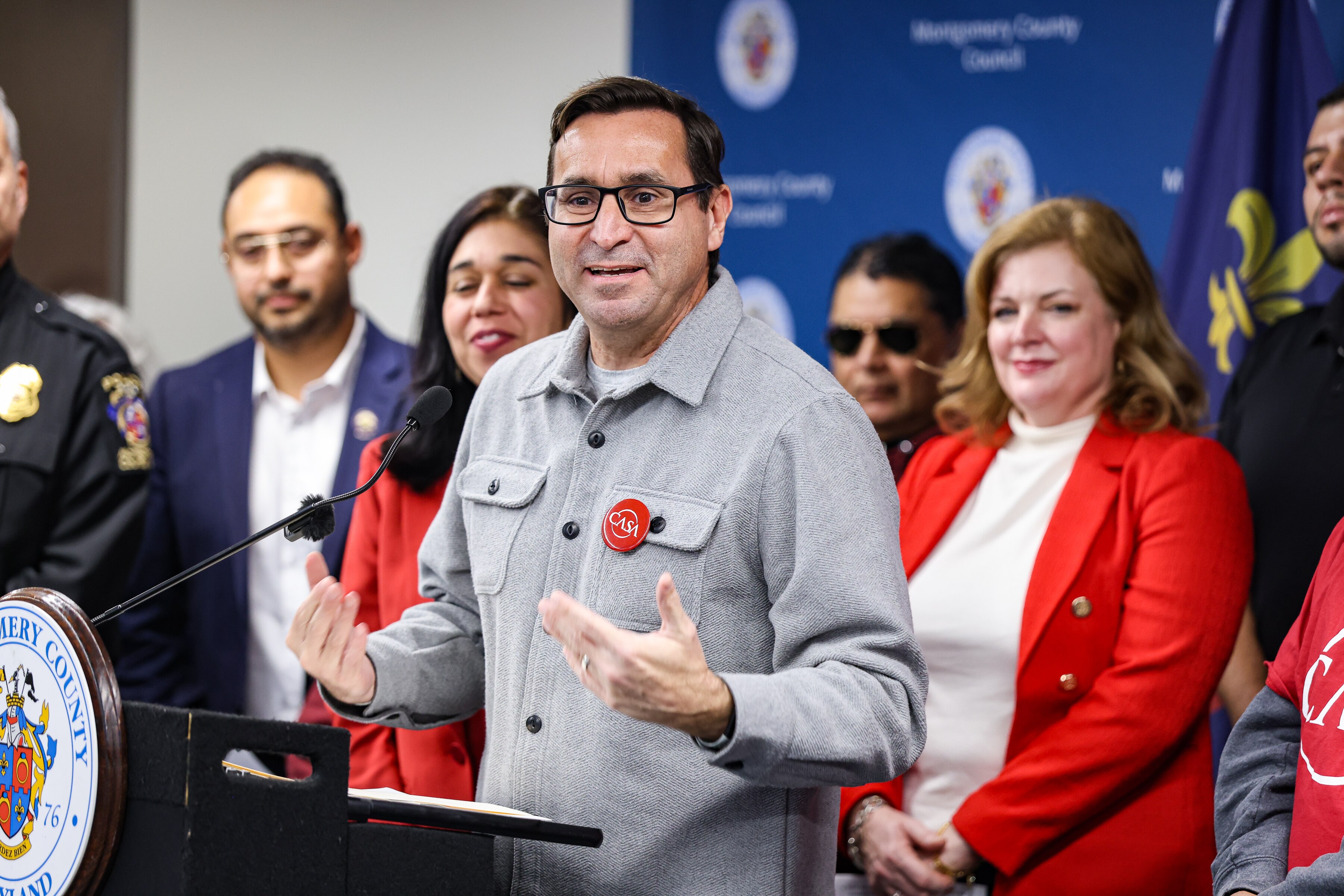 CASA incoming executive director George Escobar speaks during a press conference to introduce a new county bill, the Montgomery County Trust Act, that councilmembers say will protect the community against ICE. The press conference was held with the immigrant advocacy group CASA in Rockville, MD.
