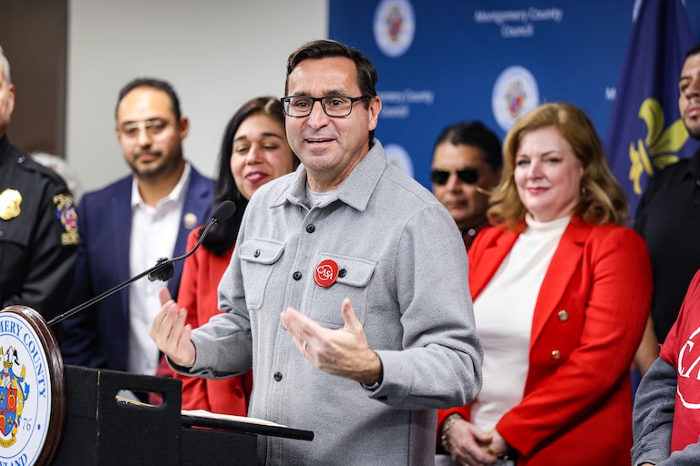 CASA incoming executive director George Escobar speaks during a press conference to introduce a new county bill, the Montgomery County Trust Act, that councilmembers say will protect the community against ICE. The press conference was held with the immigrant advocacy group CASA in Rockville, MD.