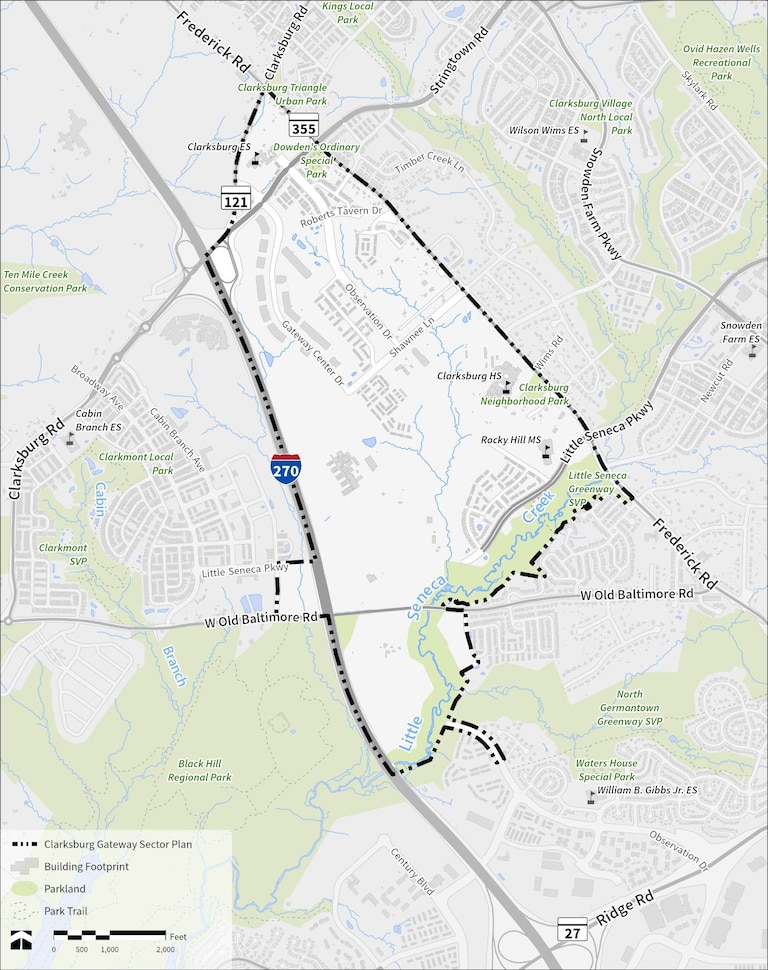 A map showing the Clarksburg Gateway Sector Plan Area, as shown in a draft plan.